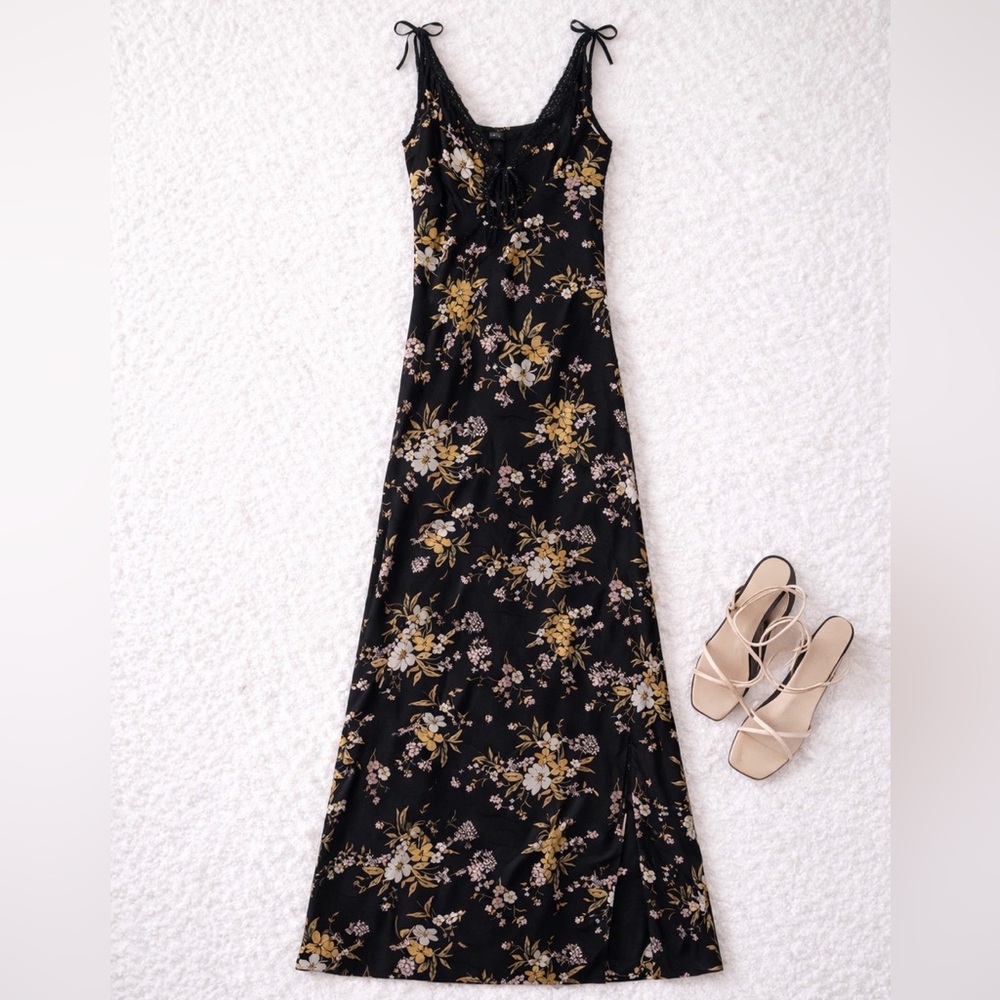 Black Floral Slip Dress Lace Trim Y2K Cottagecore Maxi Tie Strap M